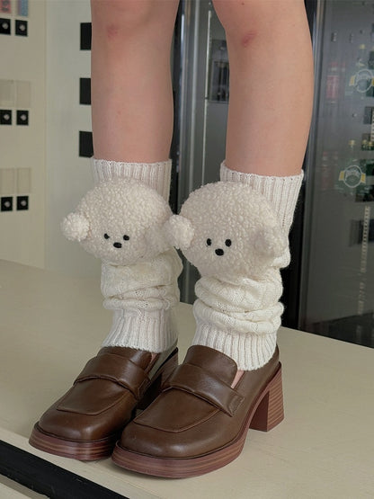 White/Khaki/Light Grey/Coffee Knitted Leg Warmers With Puppy Plushie
