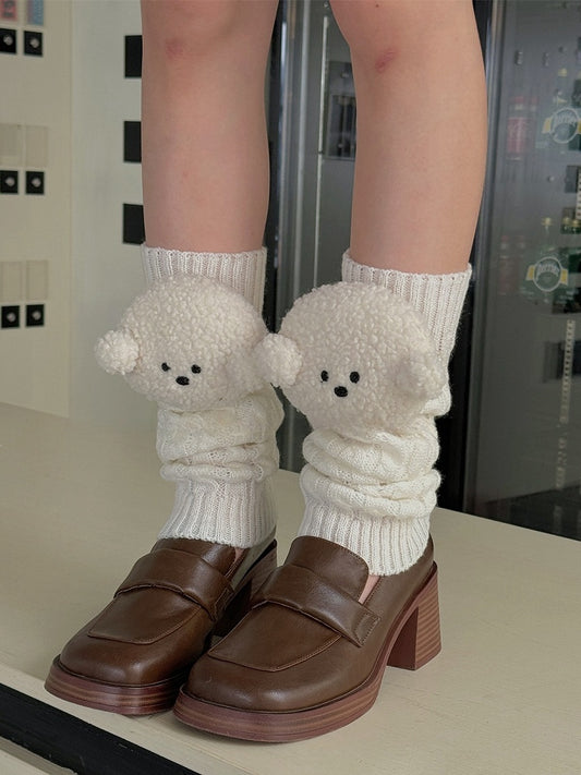 White/Khaki/Light Grey/Coffee Knitted Leg Warmers With Puppy Plushie