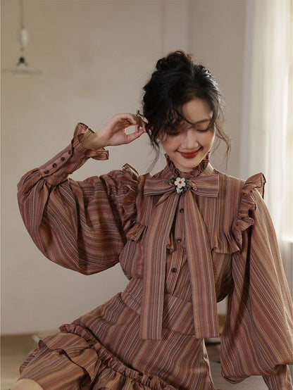 Reddish Brown Striped Pattern Vintage Bishop Sleeves Ruffle Trim Blouse
