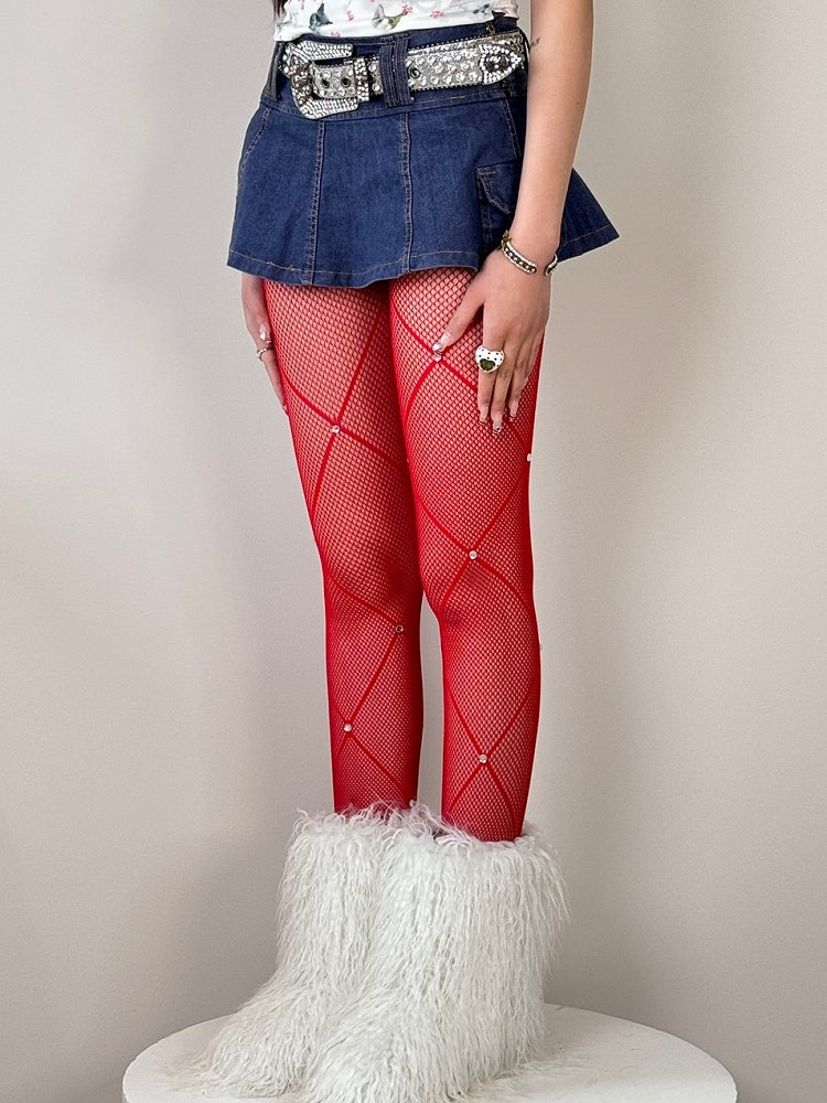 Black/White/Red Rhinestone Decorated Crisscorss Banded Tights