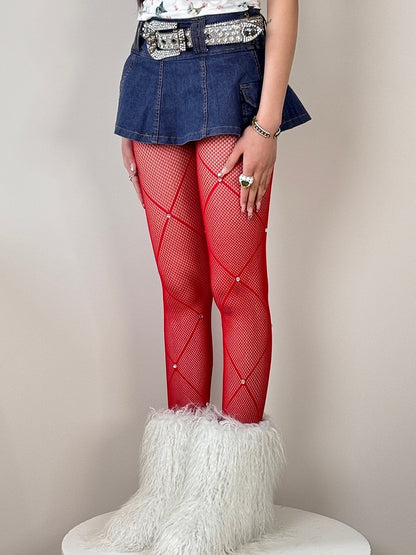 Black/White/Red Rhinestone Decorated Crisscorss Banded Tights