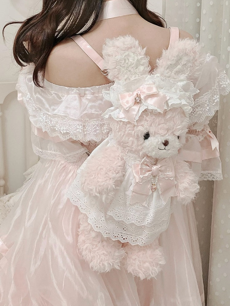 Pink Sweet Lolita Plush Bunny Bag - 3-Way Carry with Detachable Bow & Dress for Bunny