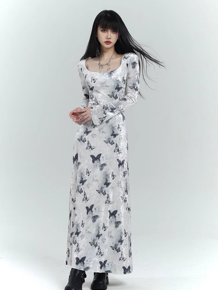 White Velvet Butterfly Print Slim-fitting Dress