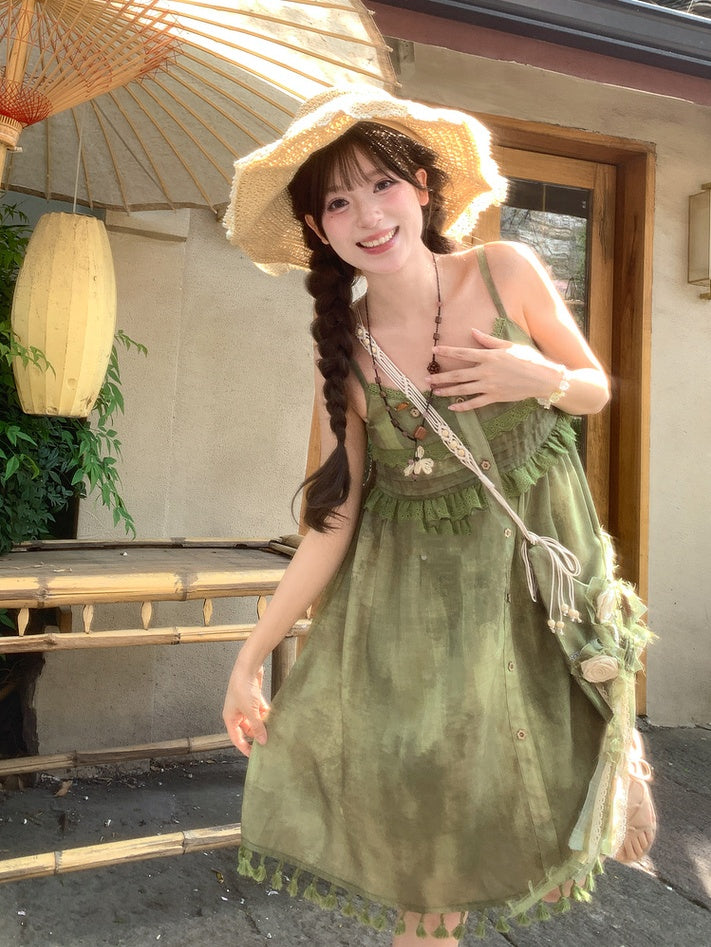 Green Tassel Hem Buttons Embellished Neckline Mori Kei Cami Dress