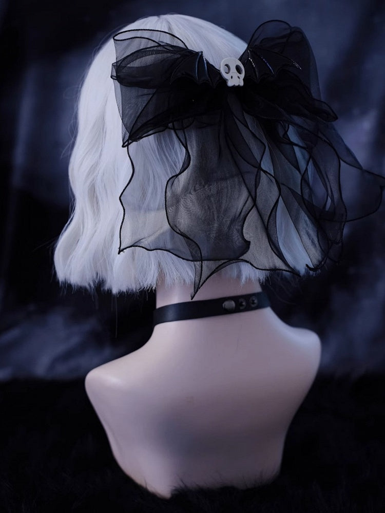 Gothic Skull Wings Black Organza Big Bow Hairclip