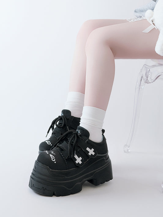Yami Kawaii Matte Black Cross Velcro Strap Kitty Ears Design Platform Shoes