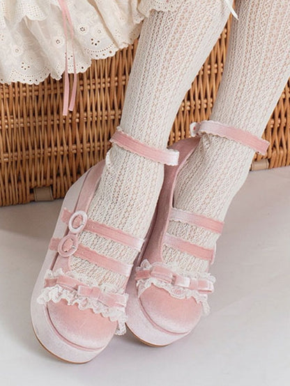 Lace Trim Bowknot at Top Velvet Pink Buckle Straps Platforms