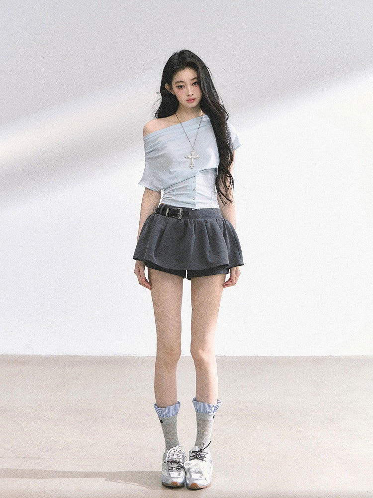 Off-the-shoulder Neckline Gray / Water Blue Slim-fitting T-shirt