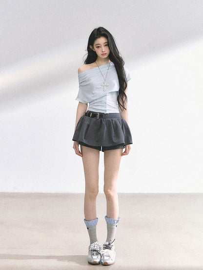 Off-the-shoulder Neckline Gray / Water Blue Slim-fitting T-shirt