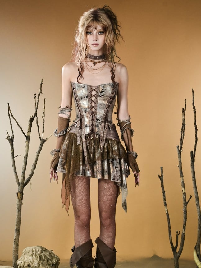 Brown Wasteland Punk Lace-up Detail Snakeskin Pattern Tube Top