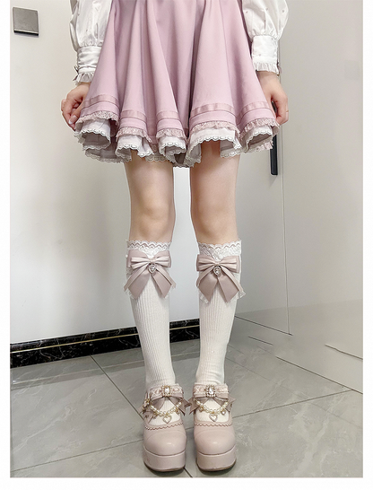 Dusty Pink Bow Detail Front Heart Rhinestone Jirai Kei Under Knee Stockings
