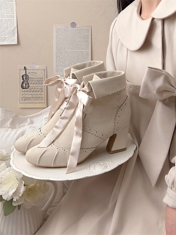 Reversible Cuff Design with Zip & Lace Fastening Elegant Lolita Beige Boots with Mid-heel