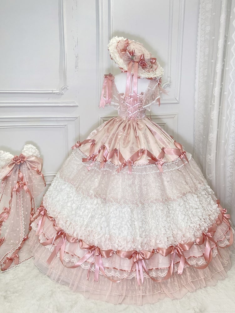 Pink Hanayome Lolita Hime Wedding Dress with Corset Waist and Rose Bow Accents Long Version