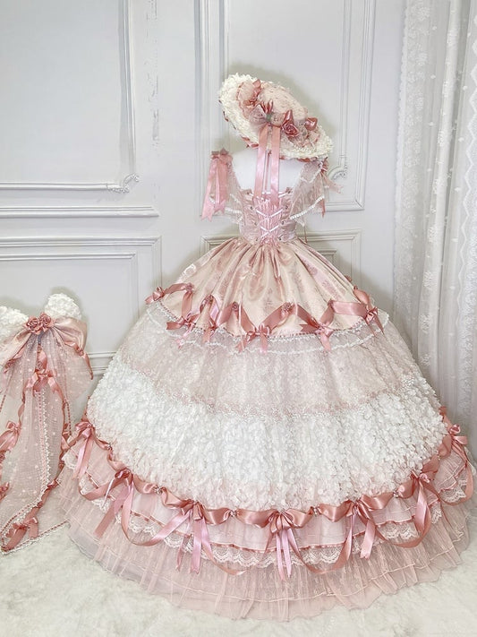 Pink Hanayome Lolita Hime Wedding Dress with Corset Waist and Rose Bow Accents Long Version