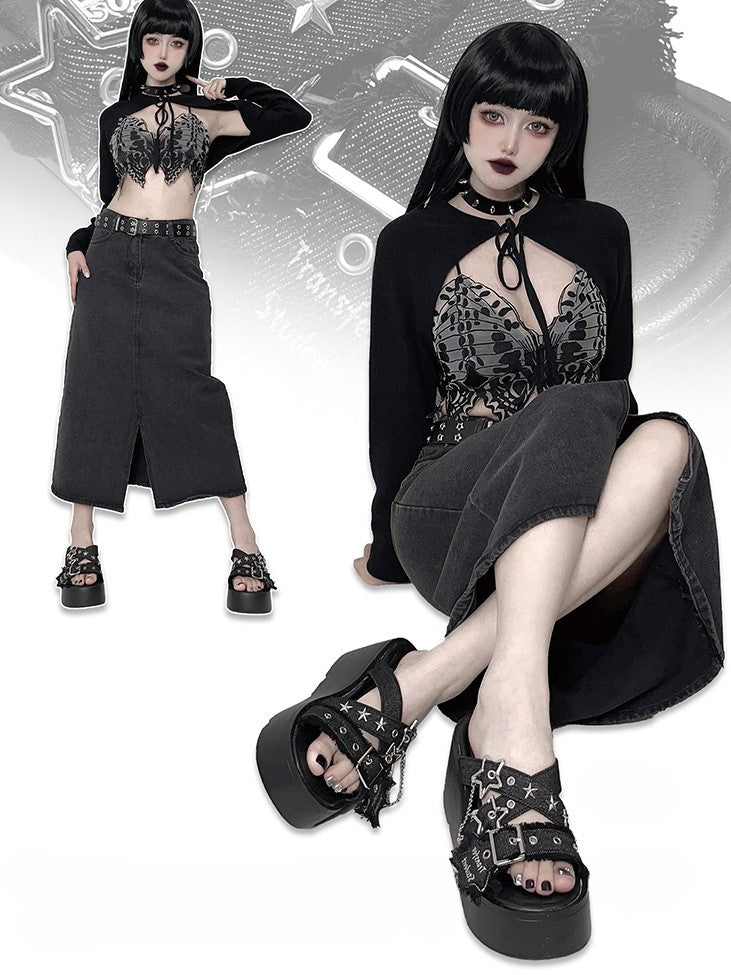 Star-shaped Buckles and Studs Black Denim Punk Platform Slippers