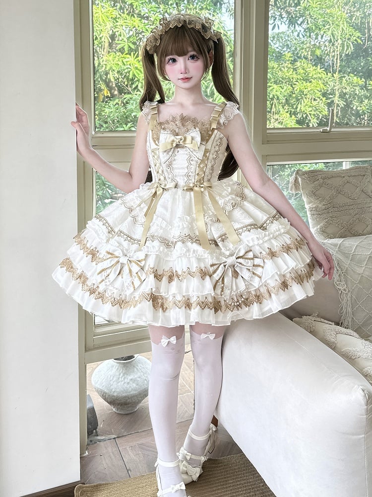 White Bead Chain Bows Decorated Tiered Skirt Princess Lolita Dress