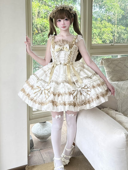 White Bead Chain Bows Decorated Tiered Skirt Princess Lolita Dress
