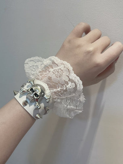 Black and White/Black/White Skeleton and Stud Lace Trim PU Bracelet
