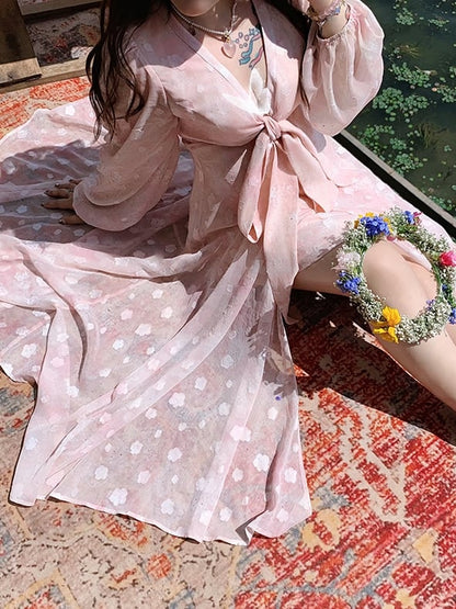 Plus Size Self-tie Bowknot Front Pink Peach Blossom Print Holiday Dress