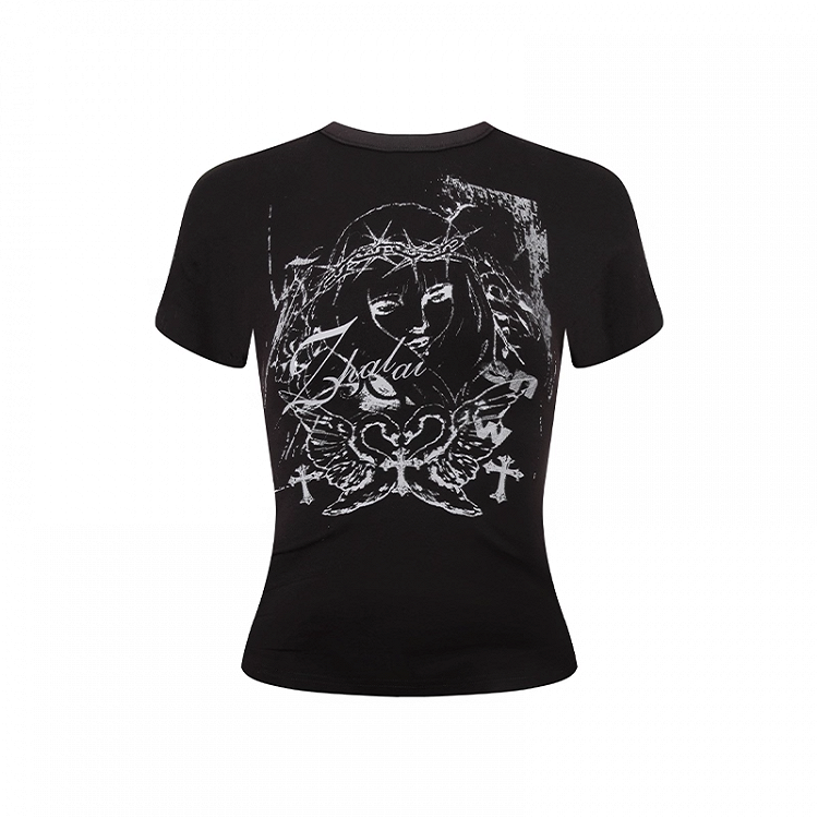 Y2K Print Lace-up Back White/Black Slim-fitting T-shirt