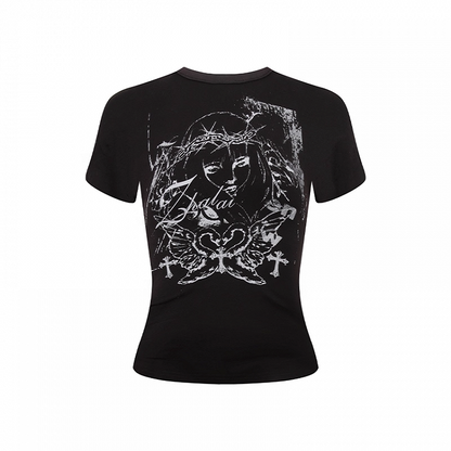 Y2K Print Lace-up Back White/Black Slim-fitting T-shirt