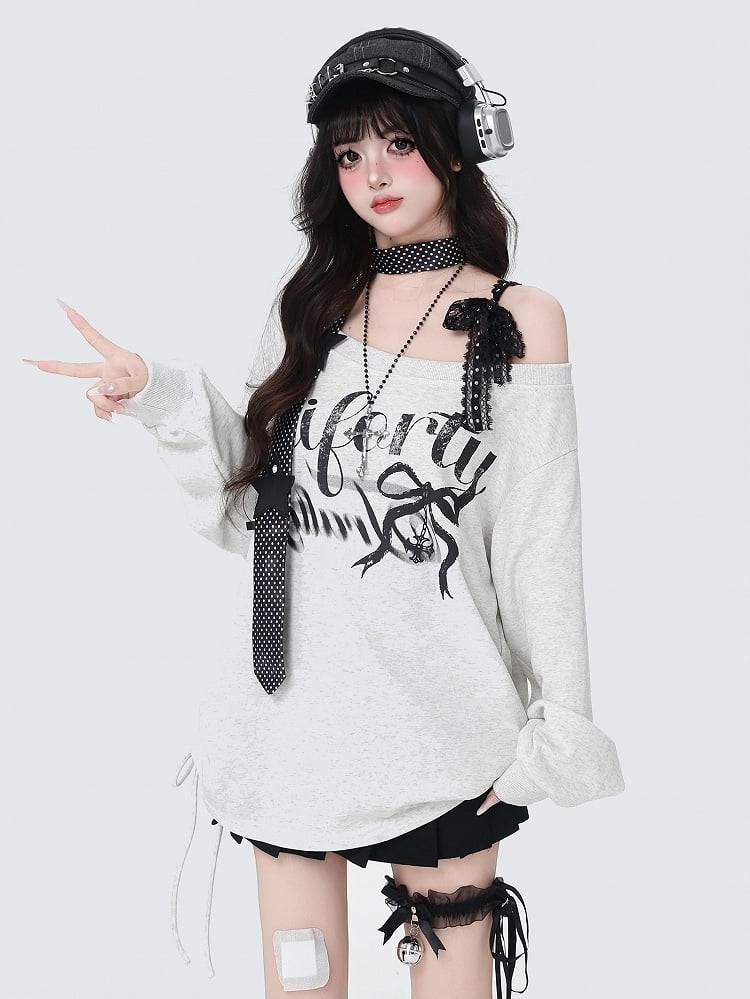 Light Gray Asymmetrical Neckline Letter Print Loose Sweatshirt