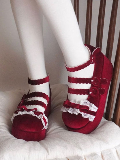 Lace Trim Bowknot at Top Velvet Wine Red Buckle Straps Platforms
