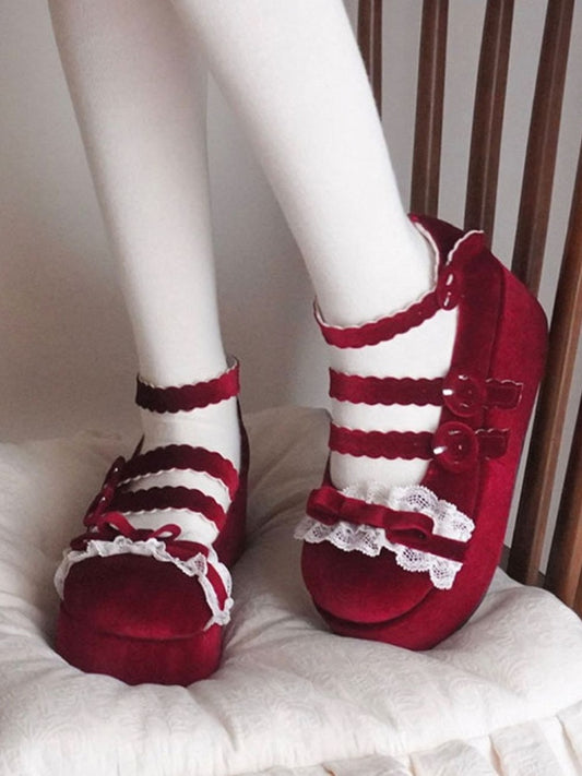 Lace Trim Bowknot at Top Velvet Wine Red Buckle Straps Platforms