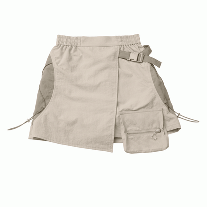 Khaki Snap and Drawstring Detail Techwear Skort