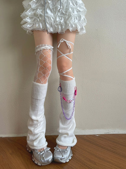 White Leg Warmers /Lace Cut-out Design Overknee Stockings/Leg Chain