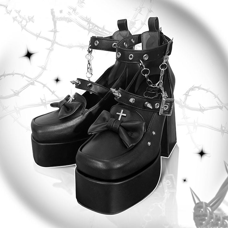 Spike Studs Matte Black Platform Block High Heels Punk Goth Shoes