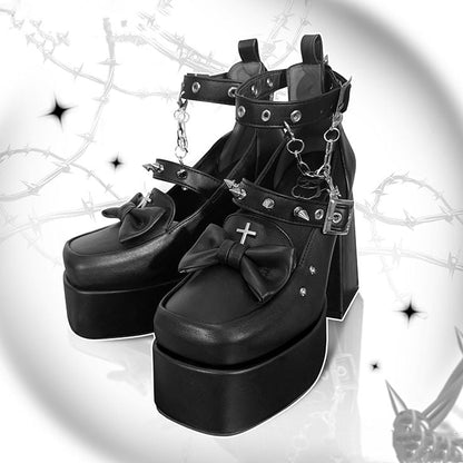 Spike Studs Matte Black Platform Block High Heels Punk Goth Shoes