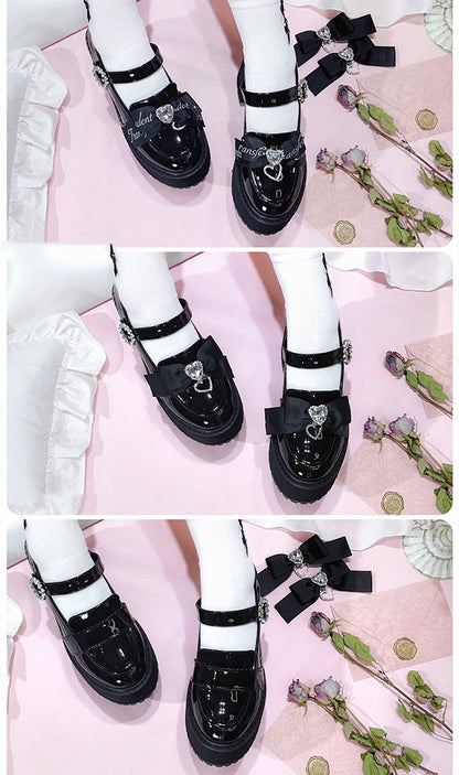 Jirai Kei Rhinestones Bow Clips Black Chunky Heels Landmine Style Platforms