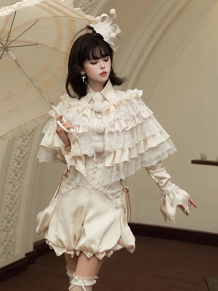 Circus Clown Vibes Ouji Lolita Outfit - Apricot Pointed Collar Shirt + Bloomer Shorts + Garters