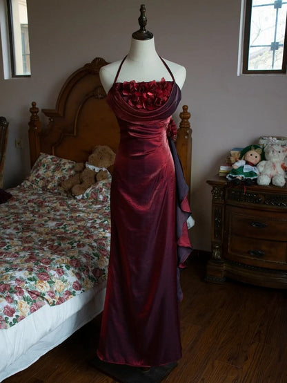 Vintage Dark Red Shimmer Halter Neck Floral Prom Gown Birthday Dress