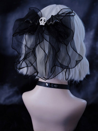 Gothic Skull Wings Black Organza Big Bow Hairclip