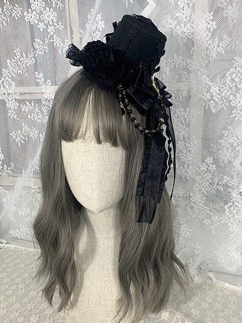 Cross Chains Gothic Black Floral Design Gorgeous Bowknots Mini Hat