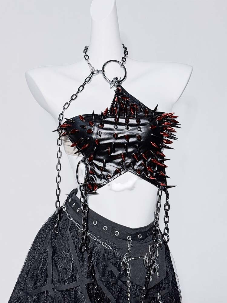 Punk Black PU Halter Neck Studs and Chain Star-shaped Backless Top