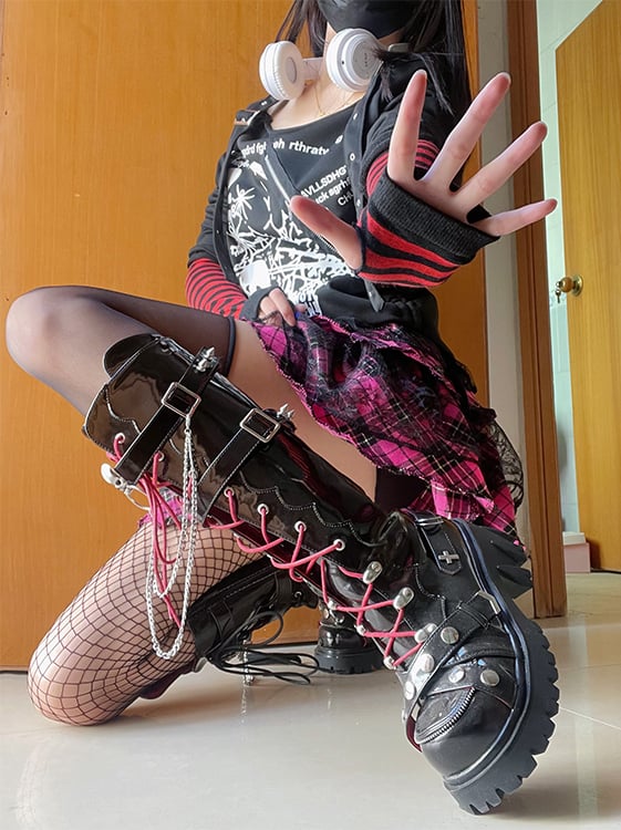 Studs and Skulls Decorated Punk Black Knee-high Boots