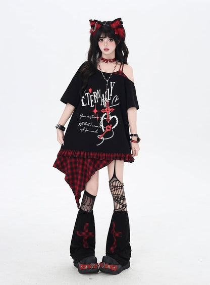 Asymmetrical Red/Purple Plaid Hem Black Punk Rock Graphic T-Shirt