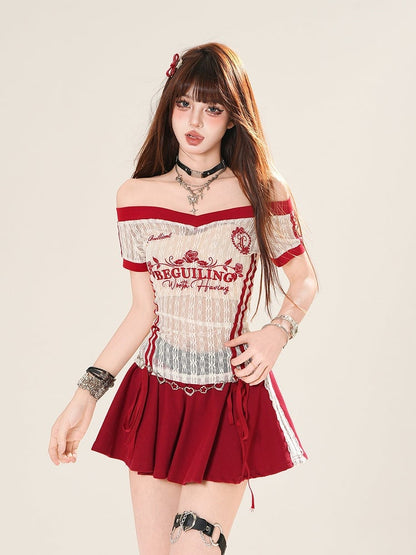 Black/White Off-the-shoulder Neckline Semi-sheer Lace T-shirt