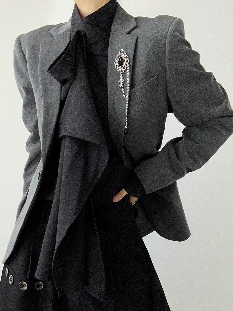 Ouji Lolita Silver Vintage Brooch with Black Obsidian Stone & Cross Charm