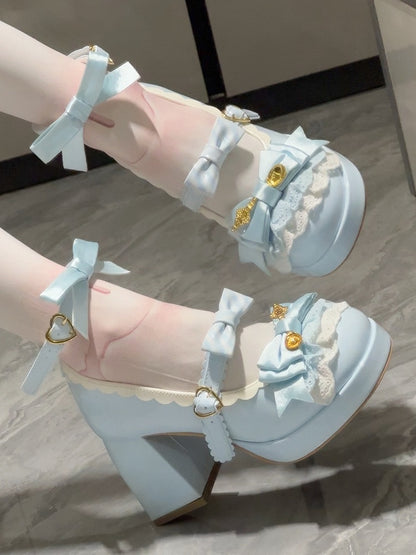 Blue Sweet Lolita 8cm High Block Heel Mary Janes with Multi-Lace Trim, Bow Details & Heart-Shaped Closure