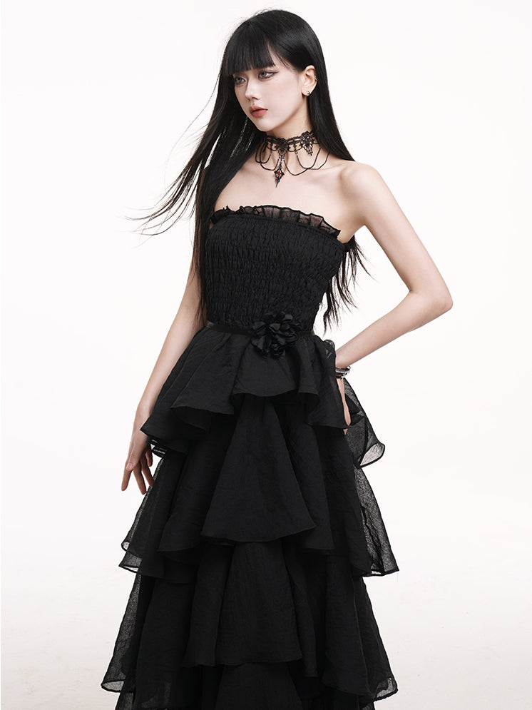 Black High Waist Mesh Tiered Skirt Prom Gown Dress