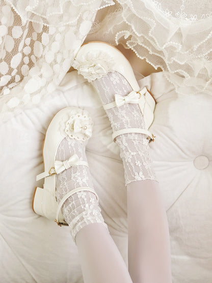Milky White Bow at Top Lace Trim Heart Buckles Round Toe Lolita Shoes