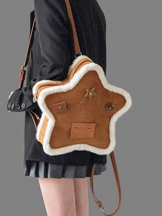 Vintage Brown Small-Sized Star-Shaped 2-Way Backpack With Labels And Metal Pins In A Plush Feel