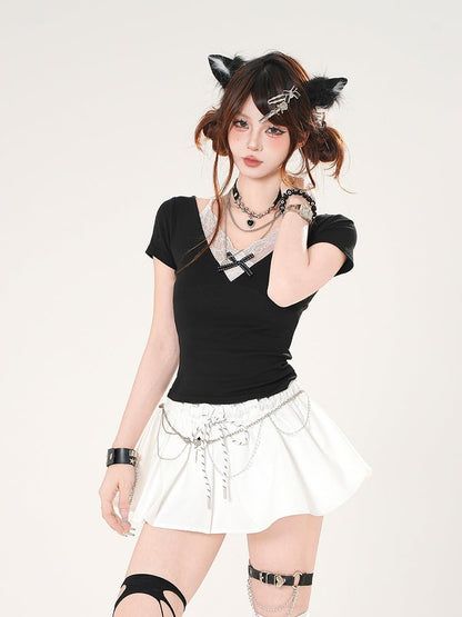 Faux Two-pieces Lace Camisole Design Black/Red Slim-fitting T-shirt