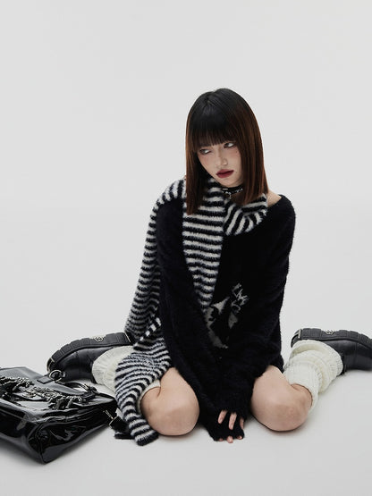 Black Punk Skeleton V-neck Oversized Sweater / Black and White Striped Scarf