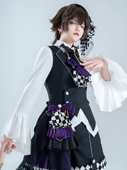 Black Foldover Collar Curved Hem Prince Style Ouji Lolita Waistcoat with Free Brooch