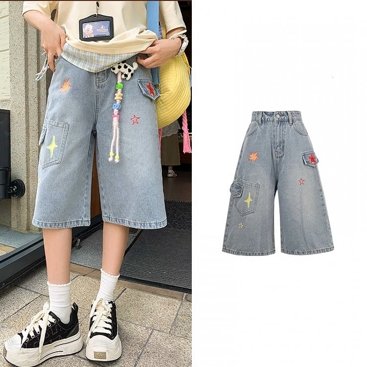 Colorful Star Print Blue Faded Wash Distressed Wide-leg Denim Shorts